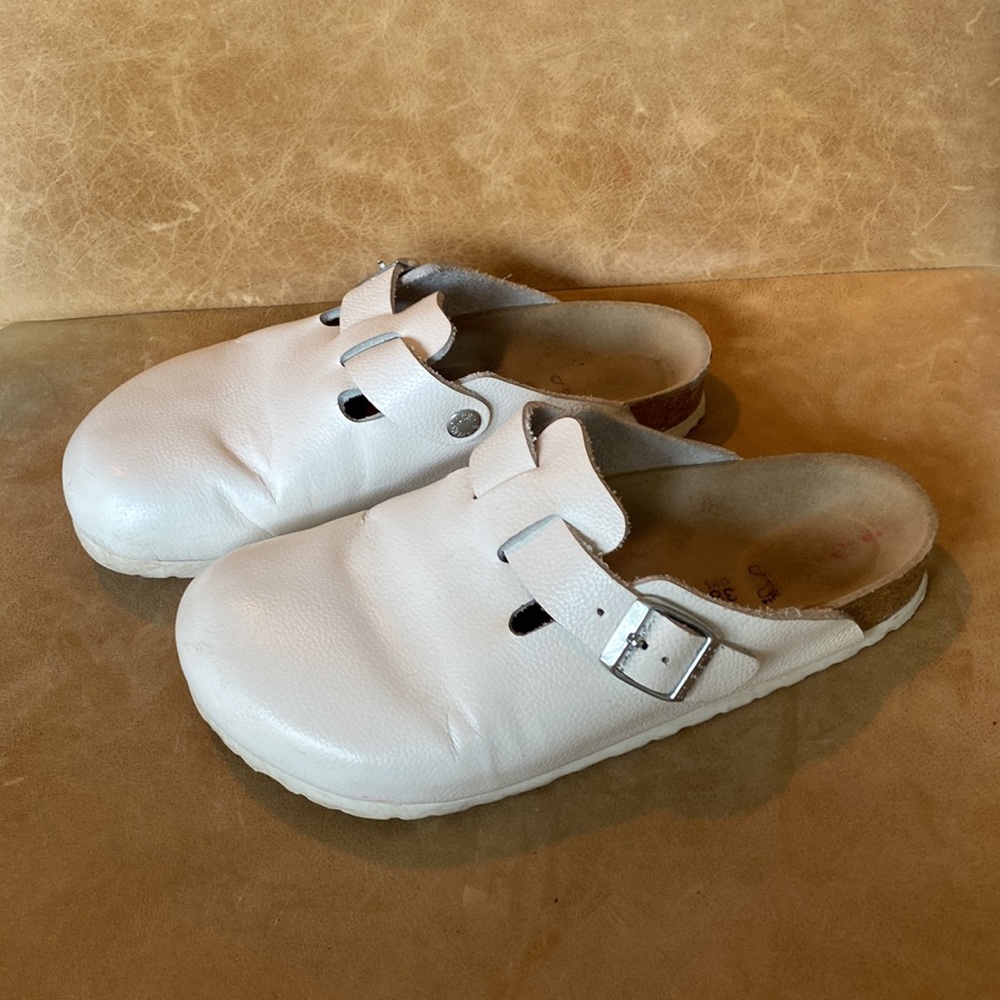 Birkenstock White Leather Boston Slides